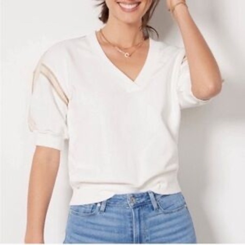 Evereve White Short Sleeve V-Neck Sweatshirt Boho Lagenlook Puff Sleeve Small